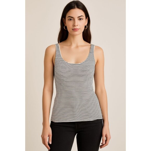 CCC Black And White Striped Scoop Neck Tank Top With Stretch Fit And Flared Hem - Picture 2 of 9